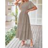 imageZESICA Womens Summer Casual Flutter Short Sleeve Crew Neck Solid Color Smocked Tiered A Line Flowy Beach Midi DressKhaki