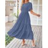 imageZESICA Womens Summer Casual Flutter Short Sleeve Crew Neck Solid Color Smocked Tiered A Line Flowy Beach Midi DressNavy