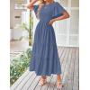 imageZESICA Womens Summer Casual Flutter Short Sleeve Crew Neck Solid Color Smocked Tiered A Line Flowy Beach Midi DressNavy
