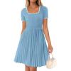 imageZESICA Womens Ribbed Square Neck Color Block Pleated Mini Dress Short Sleeve A Line Knit Short DressesSky Blue