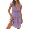 imageZESICA Womens Summer Casual V Neck Sleeveless Mini Dress Tie Shoulder Tiered Ruffle Swing A Line Short SundressesPurple