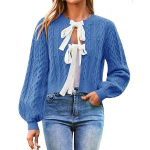 imageZESICA Womens Cardigan Sweaters Fall Winter Long Sleeve Tie Front Cable Knit Chunky Cropped Outerwear CoatBlue
