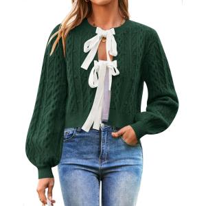 imageZESICA Womens Cardigan Sweaters Fall Winter Long Sleeve Tie Front Cable Knit Chunky Cropped Outerwear CoatDark Green