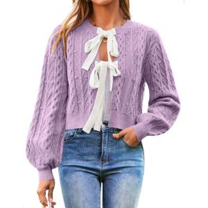 imageZESICA Womens Cardigan Sweaters Fall Winter Long Sleeve Tie Front Cable Knit Chunky Cropped Outerwear CoatPurple