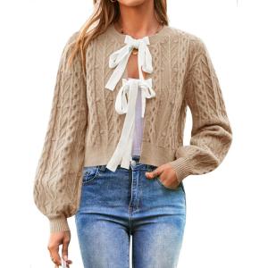 imageZESICA Womens Cardigan Sweaters Fall Winter Long Sleeve Tie Front Cable Knit Chunky Cropped Outerwear CoatToffee