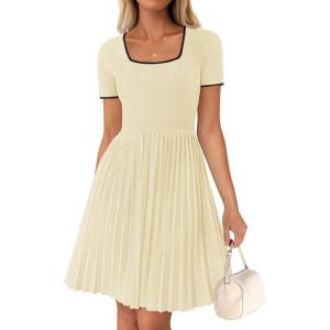 imageZESICA Womens Ribbed Square Neck Color Block Pleated Mini Dress Short Sleeve A Line Knit Short DressesAlmond