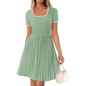 imageZESICA Womens Ribbed Square Neck Color Block Pleated Mini Dress Short Sleeve A Line Knit Short DressesLight Green