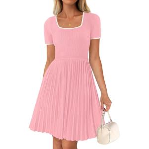 imageZESICA Womens Ribbed Square Neck Color Block Pleated Mini Dress Short Sleeve A Line Knit Short DressesPink
