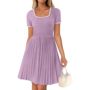 imageZESICA Womens Ribbed Square Neck Color Block Pleated Mini Dress Short Sleeve A Line Knit Short DressesPurple