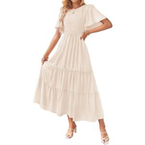 imageZESICA Womens Summer Casual Flutter Short Sleeve Crew Neck Solid Color Smocked Tiered A Line Flowy Beach Midi DressBeige