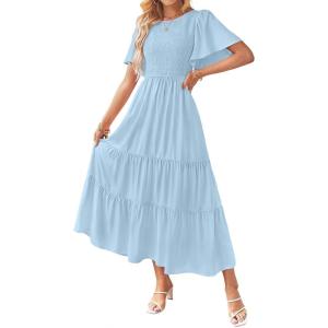 imageZESICA Womens Summer Casual Flutter Short Sleeve Crew Neck Solid Color Smocked Tiered A Line Flowy Beach Midi DressBlue