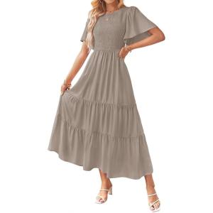 imageZESICA Womens Summer Casual Flutter Short Sleeve Crew Neck Solid Color Smocked Tiered A Line Flowy Beach Midi DressKhaki