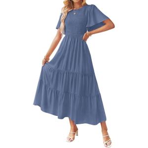 imageZESICA Womens Summer Casual Flutter Short Sleeve Crew Neck Solid Color Smocked Tiered A Line Flowy Beach Midi DressNavy
