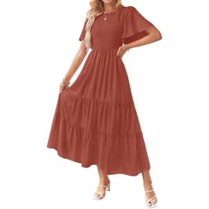 imageZESICA Womens Summer Casual Flutter Short Sleeve Crew Neck Solid Color Smocked Tiered A Line Flowy Beach Midi DressRust