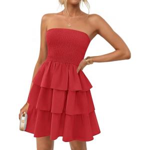 imageZESICA Womens Summer Strapless Smocked Tube Dress 2025 Off Shoulder Ruffle Tiered Flowy Beach Boho Mini SundressRed