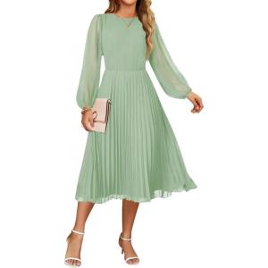 imageZESICA Womens Fall Long Sleeve Dresses 2025 Casual Crewneck Chiffon Swing Pleated A Line Cocktail Party Midi DressSage Green