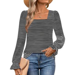 imageZESICA Womens Puff Long Sleeve Square Neck Shirts Fall Causal Trendy Tunic TopsBlack