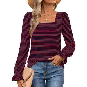 imageZESICA Womens Puff Long Sleeve Square Neck Shirts Fall Causal Trendy Tunic TopsDarkblue