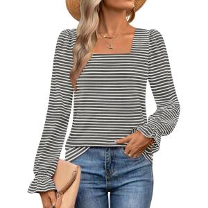 imageZESICA Womens Puff Long Sleeve Square Neck Shirts Fall Causal Trendy Tunic TopsDrakgrey