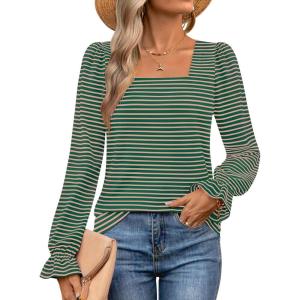 imageZESICA Womens Puff Long Sleeve Square Neck Shirts Fall Causal Trendy Tunic TopsGreen