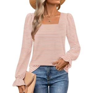 imageZESICA Womens Puff Long Sleeve Square Neck Shirts Fall Causal Trendy Tunic TopsPink