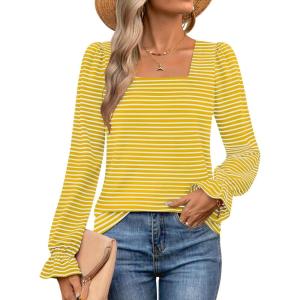 imageZESICA Womens Puff Long Sleeve Square Neck Shirts Fall Causal Trendy Tunic TopsYellow