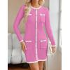 imageZESICA Fall Dresses for Women 2025 Long Sleeve Button Color Block Knit Bodycon Short Sweater Dresses with PocketsPink