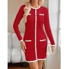 imageZESICA Fall Dresses for Women 2025 Long Sleeve Button Color Block Knit Bodycon Short Sweater Dresses with PocketsRed