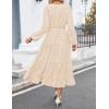 imageZESICA Womens Springl Long Sleeve Maxi Dresses Casual Crew Neck Swiss Dot Tiered Flowy A Line Wedding Guest DressBeige