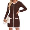 imageZESICA Fall Dresses for Women 2025 Long Sleeve Button Color Block Knit Bodycon Short Sweater Dresses with PocketsCoffee