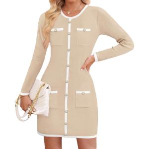imageZESICA Fall Dresses for Women 2025 Long Sleeve Button Color Block Knit Bodycon Short Sweater Dresses with PocketsApricot