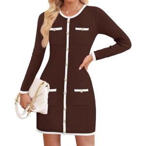 imageZESICA Fall Dresses for Women 2025 Long Sleeve Button Color Block Knit Bodycon Short Sweater Dresses with PocketsCoffee