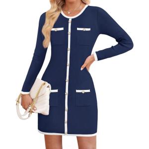 imageZESICA Fall Dresses for Women 2025 Long Sleeve Button Color Block Knit Bodycon Short Sweater Dresses with PocketsNavy