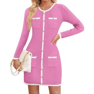 imageZESICA Fall Dresses for Women 2025 Long Sleeve Button Color Block Knit Bodycon Short Sweater Dresses with PocketsPink