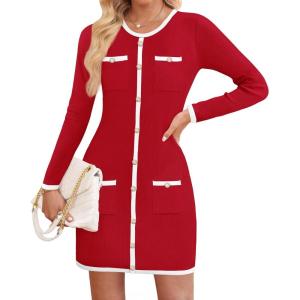 imageZESICA Fall Dresses for Women 2025 Long Sleeve Button Color Block Knit Bodycon Short Sweater Dresses with PocketsRed