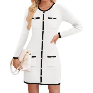 imageZESICA Fall Dresses for Women 2025 Long Sleeve Button Color Block Knit Bodycon Short Sweater Dresses with PocketsWhite