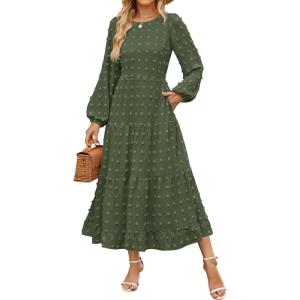 imageZESICA Womens Springl Long Sleeve Maxi Dresses Casual Crew Neck Swiss Dot Tiered Flowy A Line Wedding Guest DressArmy Green