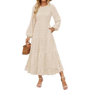 imageZESICA Womens Springl Long Sleeve Maxi Dresses Casual Crew Neck Swiss Dot Tiered Flowy A Line Wedding Guest DressBeige