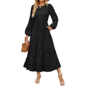 imageZESICA Womens Springl Long Sleeve Maxi Dresses Casual Crew Neck Swiss Dot Tiered Flowy A Line Wedding Guest DressBlack