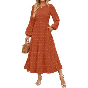 imageZESICA Womens Springl Long Sleeve Maxi Dresses Casual Crew Neck Swiss Dot Tiered Flowy A Line Wedding Guest DressBrick Red