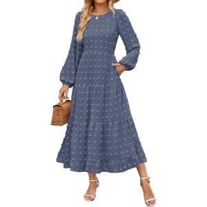 imageZESICA Womens Springl Long Sleeve Maxi Dresses Casual Crew Neck Swiss Dot Tiered Flowy A Line Wedding Guest DressDusty Blue