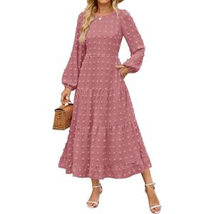 imageZESICA Womens Springl Long Sleeve Maxi Dresses Casual Crew Neck Swiss Dot Tiered Flowy A Line Wedding Guest DressDusty Pink