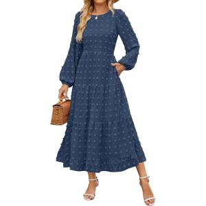 imageZESICA Womens Springl Long Sleeve Maxi Dresses Casual Crew Neck Swiss Dot Tiered Flowy A Line Wedding Guest DressNavy