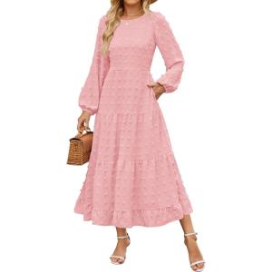 imageZESICA Womens Springl Long Sleeve Maxi Dresses Casual Crew Neck Swiss Dot Tiered Flowy A Line Wedding Guest DressPink