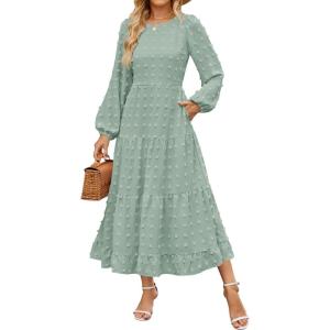 imageZESICA Womens Springl Long Sleeve Maxi Dresses Casual Crew Neck Swiss Dot Tiered Flowy A Line Wedding Guest DressTurquoise