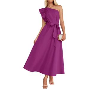 imageZESICA Womens Summer One Shoulder Ruffle Dress Sleeveless Empire Waist Boho Flowy Maxi DressesEggplant