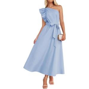 imageZESICA Womens Summer One Shoulder Ruffle Dress Sleeveless Empire Waist Boho Flowy Maxi DressesSky