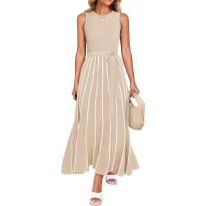 imageZESICA Womens Summer Sleeveless Maxi Dress 2025 Crewneck Ribbed Knit Tie Waist Casual A Line Swing DressesApricot