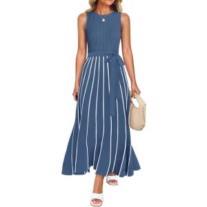 imageZESICA Womens Summer Sleeveless Maxi Dress 2025 Crewneck Ribbed Knit Tie Waist Casual A Line Swing DressesDustyblue