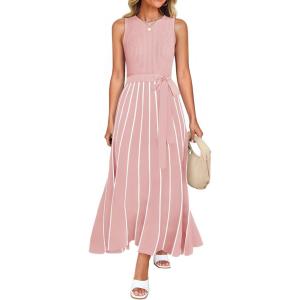 imageZESICA Womens Summer Sleeveless Maxi Dress 2025 Crewneck Ribbed Knit Tie Waist Casual A Line Swing DressesDustypink